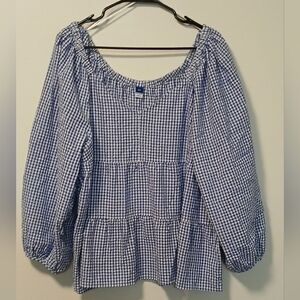 Smocked Neck Blue Gingham Peasant Top